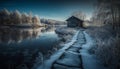 Tranquil winter landscape snow covered forest, mountain range, and frozen water generated by AI Royalty Free Stock Photo