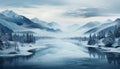 Tranquil winter landscape snow covered mountains, frozen lake, peaceful forest generated by AI Royalty Free Stock Photo