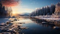 Tranquil winter landscape snow covered mountains, frozen pond, peaceful forest generated by AI Royalty Free Stock Photo