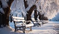 Tranquil winter landscape snow covered tree, frozen bench, peaceful forest generated by AI Royalty Free Stock Photo