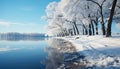 Tranquil winter landscape snow covered tree in a frozen forest generated by AI Royalty Free Stock Photo