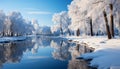 Tranquil winter landscape snow covered tree in a frozen forest generated by AI Royalty Free Stock Photo