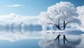 Tranquil winter landscape snow covered tree reflects in frozen pond generated by AI Royalty Free Stock Photo