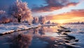 Tranquil winter landscape snow covered tree, sunset, frozen lake generated by AI Royalty Free Stock Photo