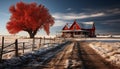 Tranquil winter landscape snow covered trees, old abandoned farm hut generated by AI Royalty Free Stock Photo