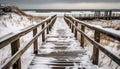 Tranquil winter landscape snow covered wood, frozen water, and icy fence generated by AI Royalty Free Stock Photo