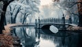 Tranquil winter landscape snowy forest, bridge, and reflection on water generated by AI Royalty Free Stock Photo