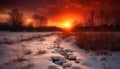 A tranquil winter landscape: sunset, snow, forest, and frost generated by AI