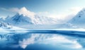 Tranquil winter panorama with a glassy frozen lake, snow-covered mountains under a soft dawn sky, reflecting the serene Royalty Free Stock Photo