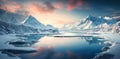 Tranquil winter panorama with a glassy frozen lake, snow-covered mountains under a soft dawn sky, reflecting the serene Royalty Free Stock Photo