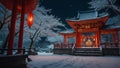 Asian snow covered garden with temple illuminated by the soft glow of red lanterns Royalty Free Stock Photo