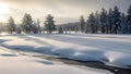 Serene winter landscape with snowy stream and evergreen trees Royalty Free Stock Photo
