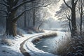 Serene Winter Landscape Snowy Forest Path Curving Stream Royalty Free Stock Photo