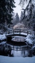 A tranquil winter scene unfolds with a snow-covered bridge arching over a serene river. Snowflakes gently fall, creating Royalty Free Stock Photo