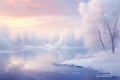 Tranquil winter sunrise over a frosty river landscape, evoking peaceful solitude. AI Generated