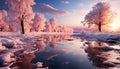 Tranquil winter sunset, frozen pond reflects nature icy beauty generated by AI Royalty Free Stock Photo