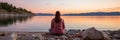 Tranquil woman engaged in serene yoga practice on seashore with breathtaking scenic backdrop