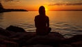 Tranquil woman engaging in serene yoga practice on seashore with breathtaking ocean view