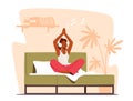 Tranquil Woman Meditating Sit in Lotus Posture with Hands above Head and Headphones on Bed. Morning Yoga Practice