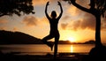 Tranquil woman practicing yoga at the stunning seashore, captured from a captivating back view