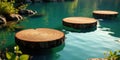 Tranquil wooden stepping stones floating gently on serene teal water, creating a path to peaceful reflection. Generative AI Royalty Free Stock Photo
