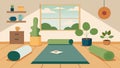 A tranquil yoga room featuring ecofriendly yoga mats made from natural rubber and sustainable cotton promoting a