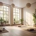 Tranquil Yoga Studio with Calming Decor and Natural Elements