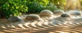 Tranquil zen garden background with smooth stones, raked sand patterns, and lush greenery. The Royalty Free Stock Photo