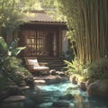 Tranquil Zen Garden with Japanese Pavilion and Stone Lanterns Royalty Free Stock Photo