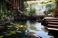 tranquil zen garden with koi pond and stepping stones Royalty Free Stock Photo