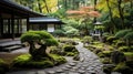 Tranquil Zen Garden: Serene Pathway, Koi Pond, and Bonsai Trees Royalty Free Stock Photo