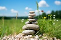 Tranquil zen stone stack on lush green grass with clear blue sky Royalty Free Stock Photo