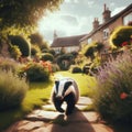 Badger roams around a typical house garden