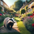 Badger roams around a typical house garden