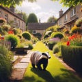 Badger roams around a typical house garden