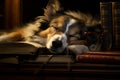 Tranquillizing Dog asleep reading. Generate Ai