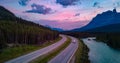 Trans-Canada Highway in Canadian Rockies. Sunrise Sky. Alberta, Canada