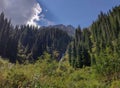 Trans-Ili Alatau mountain range of the Tien Shan system in Kazakhstan near the city of Almaty. Rocky peaks covered with snow and g Royalty Free Stock Photo