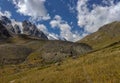 Trans-Ili Alatau mountain range of the Tien Shan system in Kazakhstan near the city of Almaty. Rocky peaks covered with snow and g Royalty Free Stock Photo