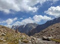 Trans-Ili Alatau mountain range of the Tien Shan system in Kazakhstan near the city of Almaty. Rocky peaks covered with snow and g Royalty Free Stock Photo