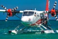 Ari Atoll, Maldives - 05.05.2018 - Sea plane at tropical beach resort. Luxury summer travel destination with seaplane in Maldives