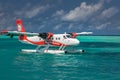 Ari Atoll, Maldives - 05.05.2018 - Sea plane at tropical beach resort. Luxury summer travel destination with seaplane in Maldives