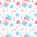 Trans pride - seamless pattern with bubble tea and flowers