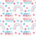 Trans pride - seamless pattern with cute cats, rainbows and stars.