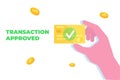 Transaction approved, financial transactions, non-cash payment, monetary currency, payment NFC concept.