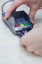 Transaction with credit debit card hands holding Royalty Free Stock Photo