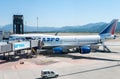 Transaero Airlines plane at airport in Dalaman Turkey Royalty Free Stock Photo