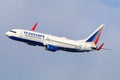 Transaero Boeing 737-800 makes final turn to land at Vnukovo international airport.