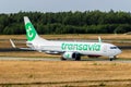 Transavia Airlines Boeing 737 passenger plane arriving at Eindhoven-Airport. The Netherlands - June 22, 2018 Royalty Free Stock Photo