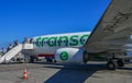 Transavia airplane docking on Santorini Island